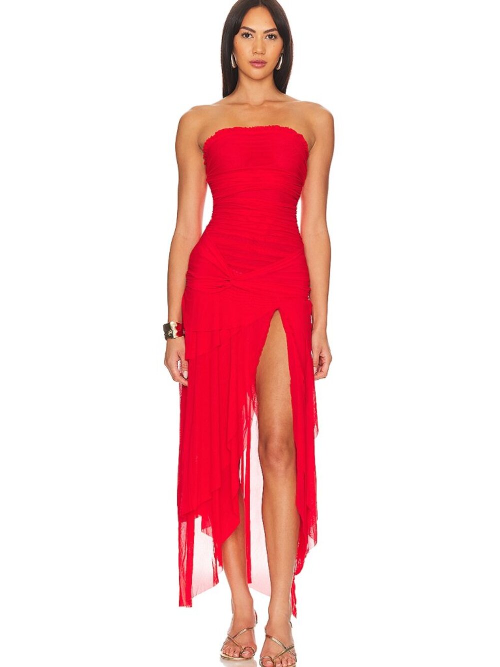 GUIZIO Lyla Twist Maxi Dress in Poppy Red Sheer Strapless XS